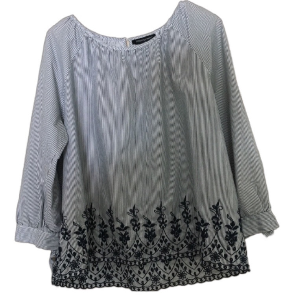 Ashley Stewart Blouse Tie Cuffs 3/4 Sleeves Embroidered Striped Blue Sz 16 NWOT